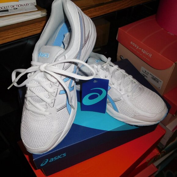 NEW 9.5M LADIES ASCIS GEL CONTEND 4 WHITE/BLUE BELL RUNNING SNEAKERS - Picture 1 of 11